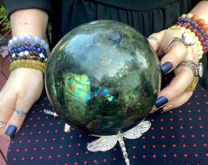Labradorite Crystal Ball ~ Large 6 Lb. ~ 5" Wide Sphere with Silver Metal Stand ~ Flashing Blue & Gold Iridescent Colors ~ Free Shipping