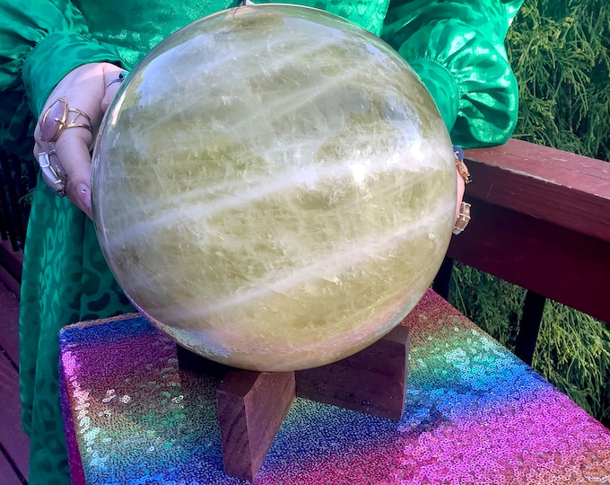 Citrine Crystal Ball ~ Large 26 lb. ~ with Custom Wooden Display Stand ~ 8" Wide ~ Golden Banded Quartz Inclusions ~ Fast & Free Shipping ~