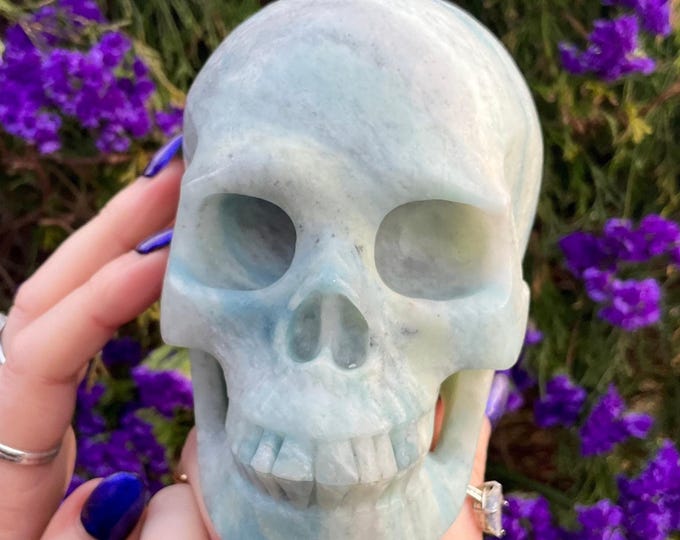 Amazonite Crystal Skull ~ 3 Lb. 2 oz ~ 5" Long ~ One-of-a-Kind Green, White & Blue Colors ~ Throat Chakra Altar Display ~ Metaphysical Decor