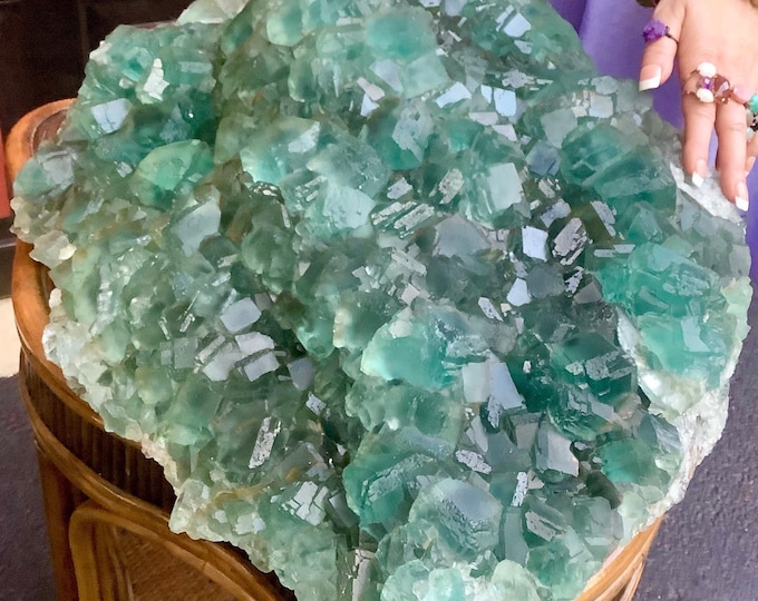 Blue Fluorite Crystal Cluster ~ Massive 110 lb. ~ 22" Long ~ Deep Ocean Blue Colors ~ Geometry Cubic Formation ~ Largest & Best on Etsy