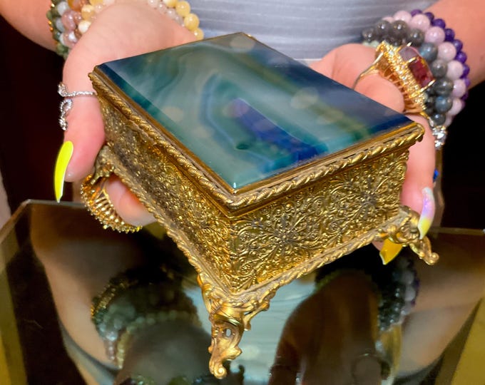 Antique French 19th Century Gilt Bronze & Blue Agate Jewelry Box~ 5" Long ~ Vintage Gold Gilt Metal Display Box ~ Swirling Colors