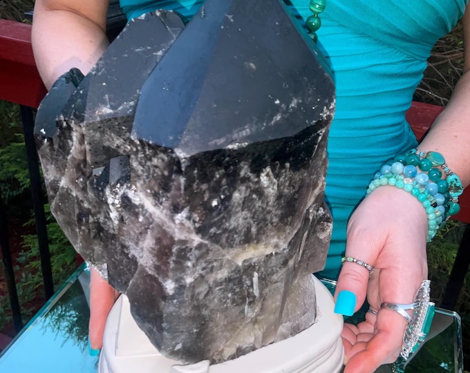 Black Morion Quartz Display Crystal 10 Lb. 11 oz.  Single-Terminated Point Cluster ~ 8" Tall ~Natural Black Color ~ Custom Hand Carved Stand