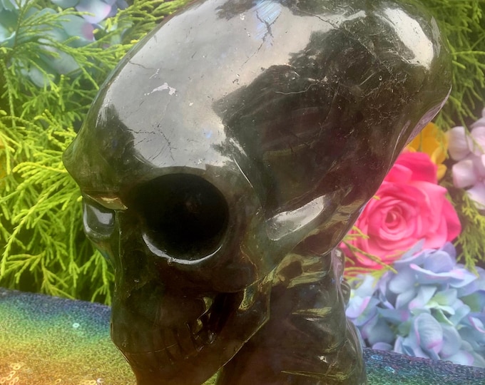 Labradorite Crystal Alien Skull ~ Large 4 Lb. 8 oz. ~ 7" Long ~ Hand Carved Elongated Head ~ Sparkling Iridescent Flashes of Peacock Colors