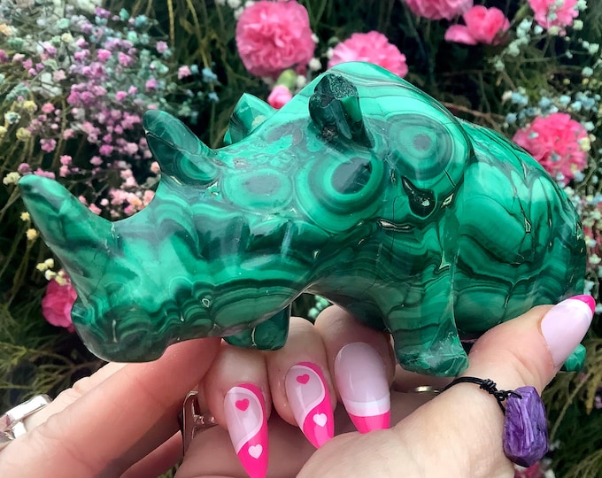 Malachite Rhinoceros ~ Large 1 Lb. 10 oz. ~ 5 1/2" Long ~ Vintage Hand Carved & Polished in Congo ~ Animal Totem, Altar, Reiki, Home Decor