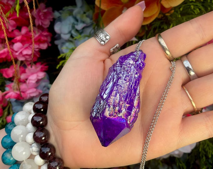 Purple Aura Quartz Crystal Pendant Necklace ~ Large 2 1/2" Long ~ One-of-a-Kind ~ Sparkling Rainbow Elestial Quartz ~ Fast & Free Shipping ~