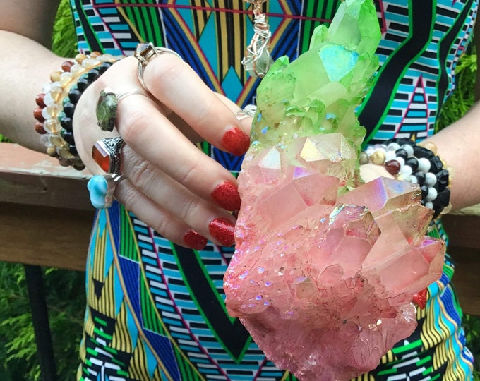 Pink & Green Aura Quartz Elestial Crystal Cluster ~ Large 2 Lb. 4 oz. ~ Rainbow Electric Iridescent Opalescent Colors ~ Fast Free Shipping
