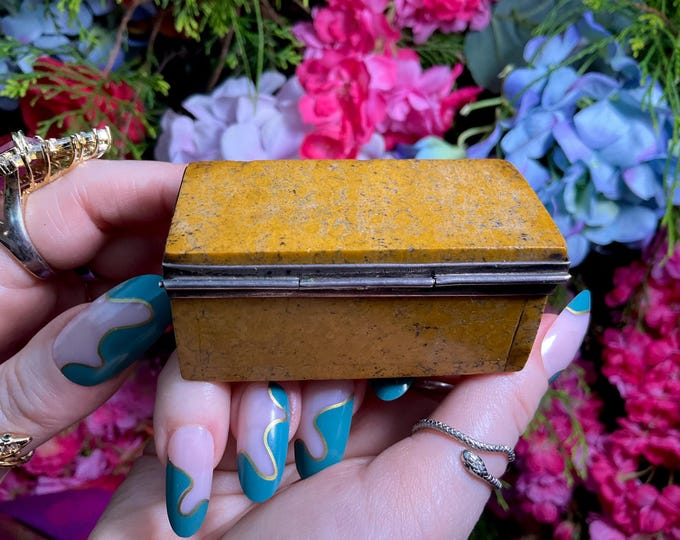 Yellow Jasper Jewelry Box with Hinged Lid ~ 3" Long Vintage Hand-Crafted Ural Mountains with Silver Trim~ Swirling Yellow Colors