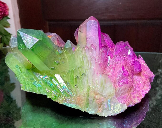 Purple & Green Aura Quartz Crystal Cluster ~ Large 1 lb. 10 oz. ~ 5" Long ~ Rainbow Iridescent Electric Points ~ Fast Free Shipping, USA
