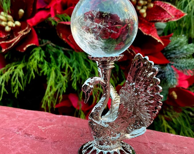 Ultra Clear Quartz Crystal Ball w/ Silver Swan Display Stand ~ 3 oz. ~ 1 1/2" Wide ~ Natural Home Decor, Reiki, Altar ~ Fast & Free Shipping
