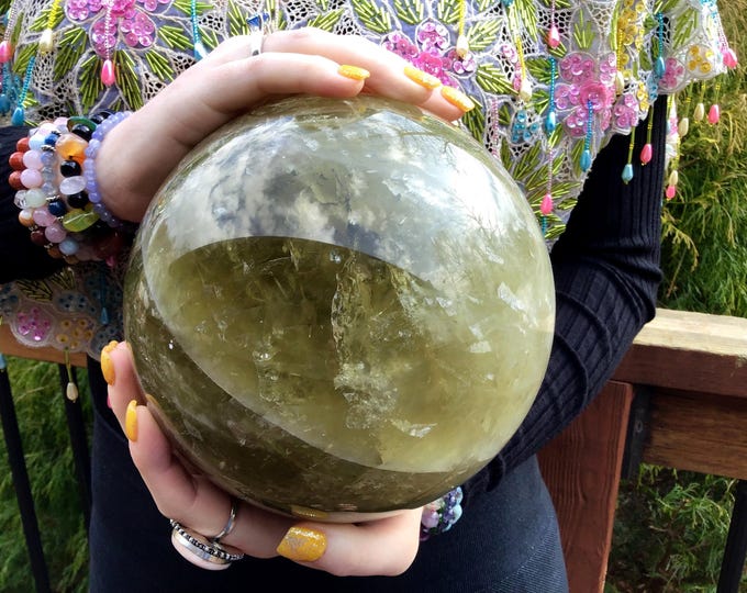 Smokey Citrine Crystal Ball ~ Large 13 lb. 15 oz. ~ 6 1/2" Wide ~ Big Swirling White Bands ~ Silver Flash Inclusions ~ Fast & Free Shipping