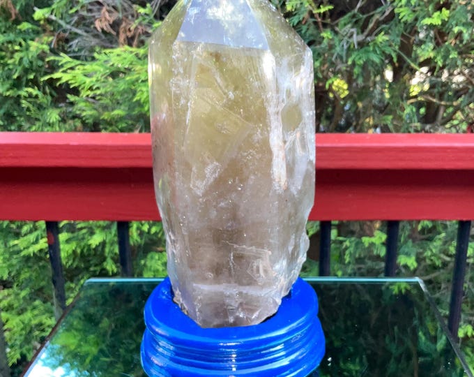 Clear Citrine Quartz Crystal Point ~ 6 Lb.  13 oz. ~ 9" Tall~ Sparkling Yellow with Golden Rainbow Inclusions ~ Custom Hand Carved Stand