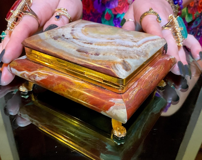 Afghan Jade Jewelry Box with Hinged Lid ~5" Long ~ Vintage Hand Carved Display Charging Box ~ Swirling Green, White & Golden Pattern