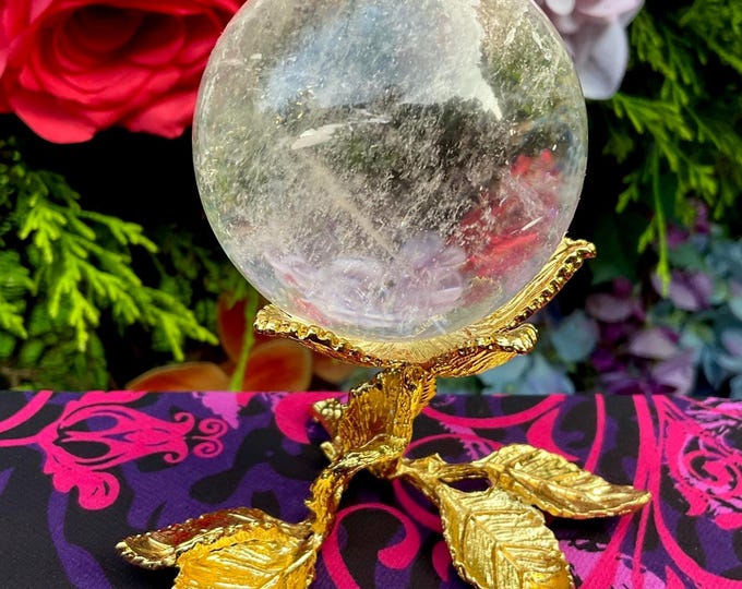 Clear Quartz Crystal Ball ~ 6 oz. ~ 2" Wide ~ w/ Golden Leaf Display Stand ~ Reiki, Altar, Feng Shui, Meditation ~ Fast & Free Shipping, USA