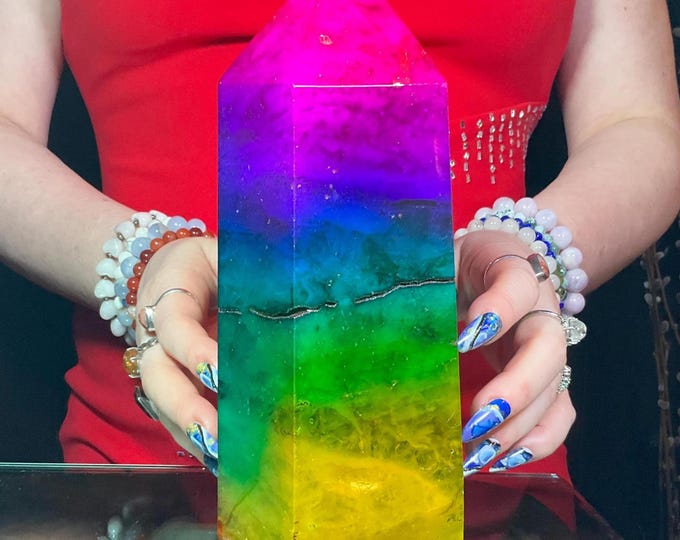 Rainbow Aura Fluorite Crystal Generator ~ Large 6 Lb. 13 oz. ~ 9" Tall Tower ~ Swirling Purple Green & Yellow Colors ~ Fast, Free Shipping