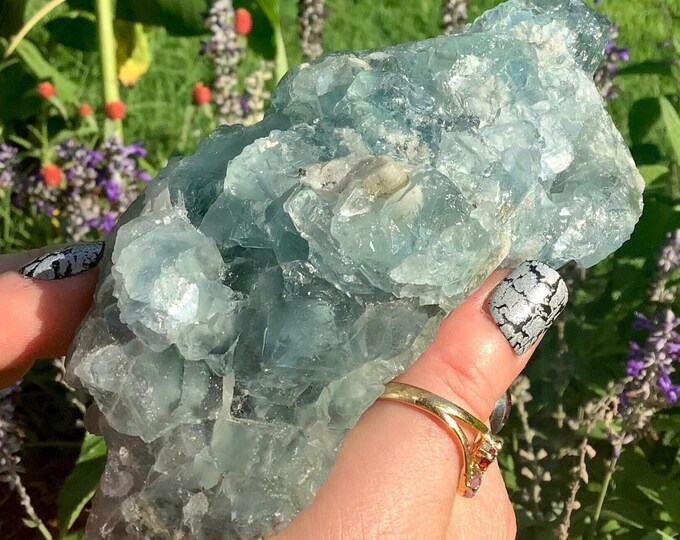 Ice Blue Fluorite Crystal Cluster ~ Large 15 oz. ~ 6" Long ~ Sparkling Mineral Matrix ~ Translucent Cubic Gem Formation ~ Free Shipping