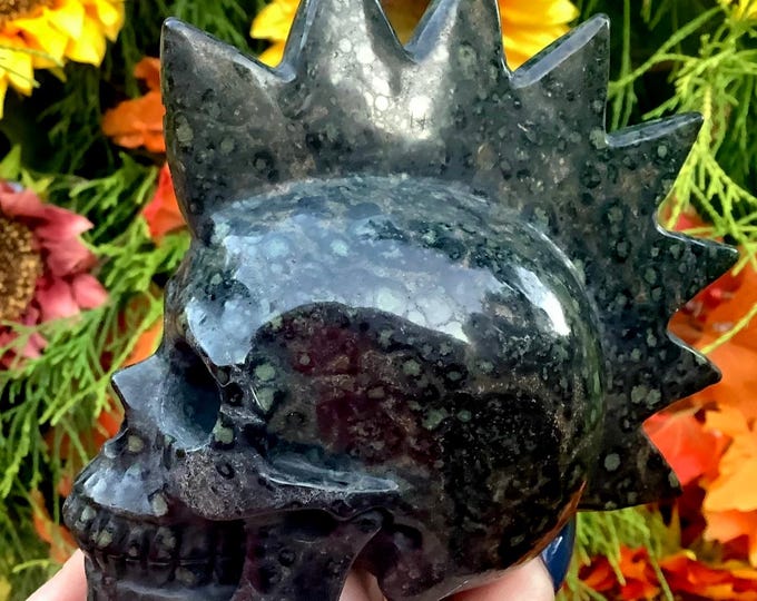 Kambaba Jasper Punk Rock Crystal Skull ~ 1 Lb. 7 oz. ~ 5" Long ~ Colorful Green & Black Swirling Patterns Throughout ~ Hand-Carved Sculpture