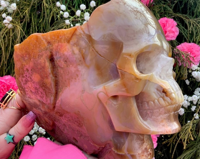 Golden Agate Quartz Crystal Skull ~ Large 9 Lb. 6 oz. ~ 9" Tall ~ Colorful Gold Yellow & Orange Colors ~ Hand Carved ~
