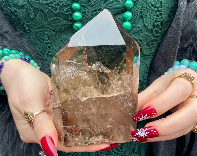 Smokey Quartz Crystal Generator ~ 1 Lb. 10 oz. ~ 5" Tall Tower ~ Ultra Clear Sparkling Golden Phantom Inclusions ~ Gem Cut Point ~