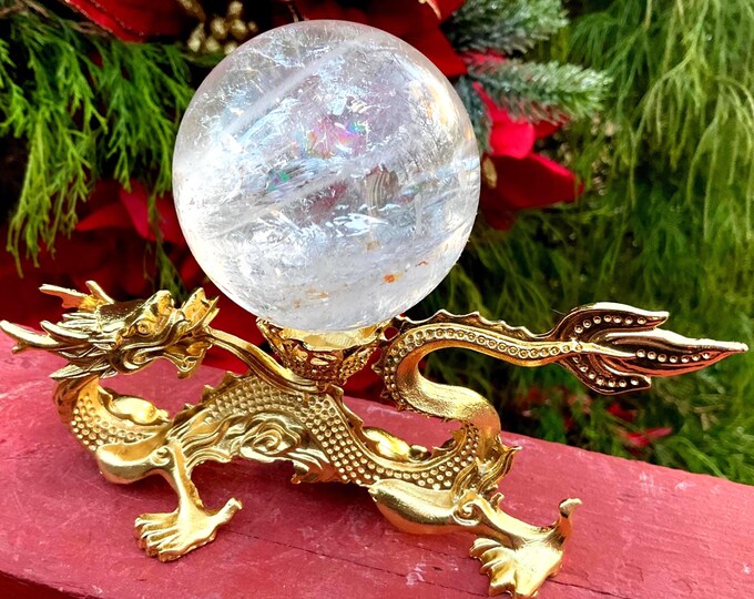 Clear Quartz Crystal Ball w/ Golden Dragon Display Stand ~ 10 oz. Sphere ~ 2" Wide ~ Reiki, Altar, Feng Shui Decor ~ Fast & Free Shipping