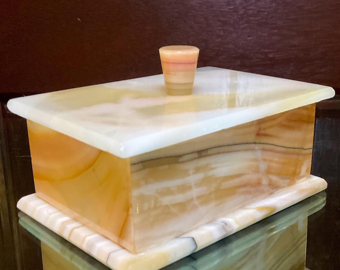White Onyx Jewelry Box with Lid ~ 4 1/2" Long ~ Vintage Hand Carved Charging Box