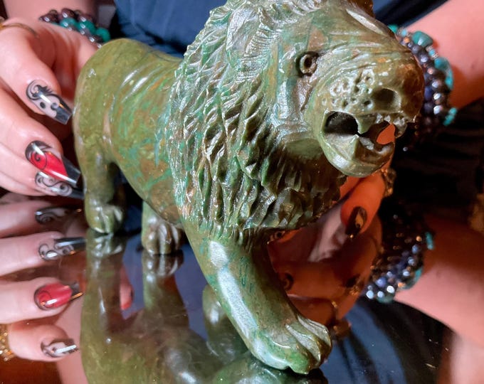 Verdite African Lion ~ 8" Long ~ Vintage Hand Carved Green Mineral ~ Large 1 Lb. 8 oz. Zimbabwean Crystal Display ~ Free Shipping USA