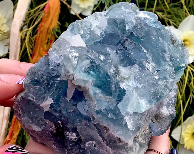 Blue Fluorite Crystal Cluster ~ Large 2 lb. ~ 4" Long ~ Third Eye Chakra Reiki Healing Altar Display ~ Metaphysical Home Decor