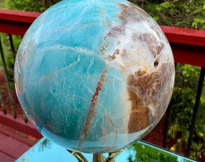 Caribbean Blue Calcite Crystal Ball ~ Large 12 Lb. Sphere ~ 6" Wide ~ Brass Dolphin Display Stand ~ Sparkling Swirling Blue & White Colors