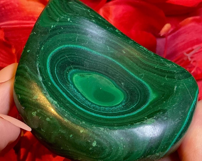 Malachite Crystal Bowl ~ 11 oz. ~ 4" Long ~ Vintage Hand Carved Jewelry Dish ~ Beautiful Green Colorful Swirling Bulls Eye Patterns