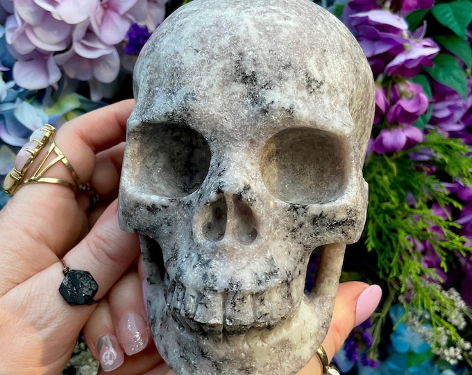 Lepidolite Crystal Skull ~ Large 2 Lb. 14 oz. ~ 5" Long ~ Purple, White & Sparkling Silver Mica ~ Crown Chakra Reiki Healing Altar Display ~