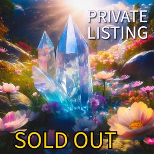 May include: A digital art piece featuring large, crystalline structures in shades of blue and clear, set amidst a vibrant floral landscape. The text "PRIVATE LISTING" and "SOLD OUT" are displayed on the image.