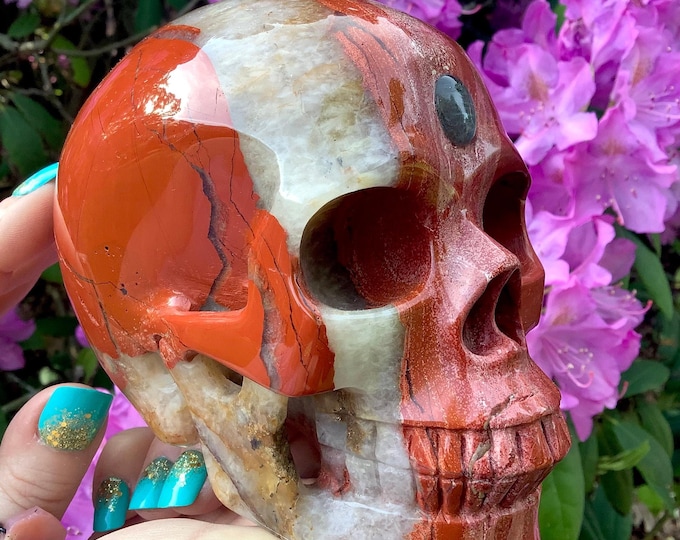 Jasper Crystal Large 3 Lb. Skull ~ 5" Long ~Swirling Colorful Red, White & Pink Glossy Colors ~ Expertly Hand Carved Sculpture ~