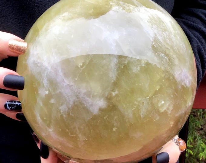 Citrine Crystal Ball ~ Large 11 Lb. 10 oz. ~ 6" Wide ~Golden Yellow Banded Polished Quartz Sphere ~ White Lines Sparkling Silver Inclusions