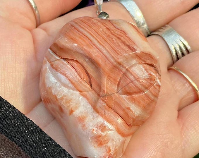 Banded Jasper Gemstone Alien Skull Pendant 1.9 oz. Crystal ~ 2" Long ~ One-of-a-Kind Peach Color ~ Hand Carved Sculpture