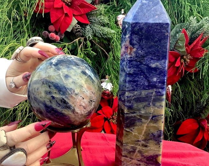 Blue Sodalite Crystal Ball & Tower with Stand ~ Crystal Gift Set ~ Generator and Sphere Display ~ Free Gift-Wrapping ~ Fast Free Shipping