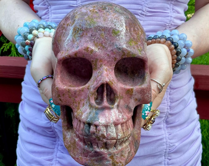 Rhodonite Crystal Skull ~ Large 10 Lb. ~ 7" Long ~ Hand Carved Life Size Sculpture ~ Pink & Black Colors w/ Sparkling Yellow Garnet