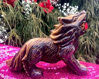 Tigers Eye Howling Wolf Crystal ~ 6 oz. ~ 4 1/2" Long ~ Hand Carved ~ Metaphysical Home Decor ~ Altar Display ~ Wolf Totem, Spirit Animal