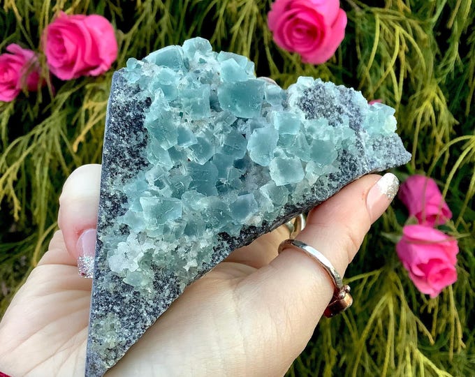 Blue Cubic Fluorite Crystal Cluster ~ Large 5 oz. ~ 4 1/2" Long ~ Third Eye, Throat Chakra, Reiki Healing Altar Display, Meditation Size ~