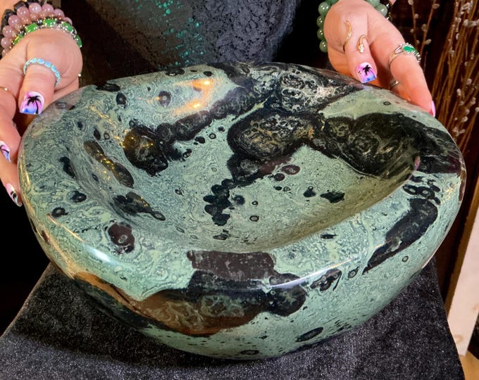 Kambaba Jasper Polished Stone Bowl Large 22 Lb.- 11" Long ~Sparkling Green & Black Colors Swirling Inclusions -Hand Carved Charging Dish