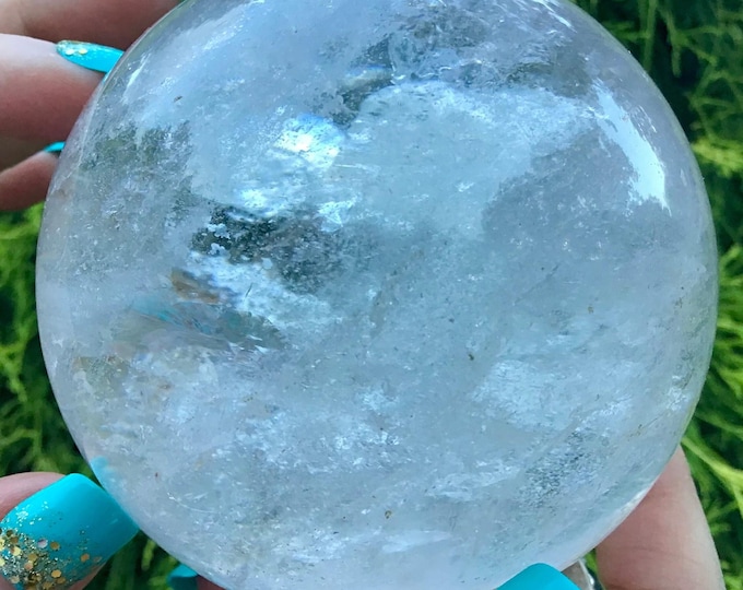 Clear Quartz Crystal Ball ~ 1 Lb. 13 oz. ~ 3" Wide Polished Sphere ~ Sparkling Rainbow Inclusions ~Beautiful Reiki, Altar Feng Shui Display