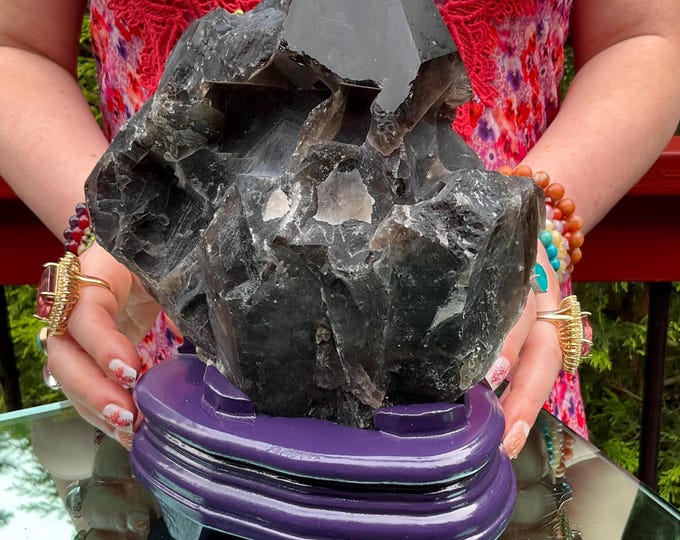 Black Morion Quartz Display Crystal 5 Lb. 15 oz.  Single-Terminated Point Cluster ~ 7" Tall ~Natural Black Color ~ Custom Hand Carved Stand