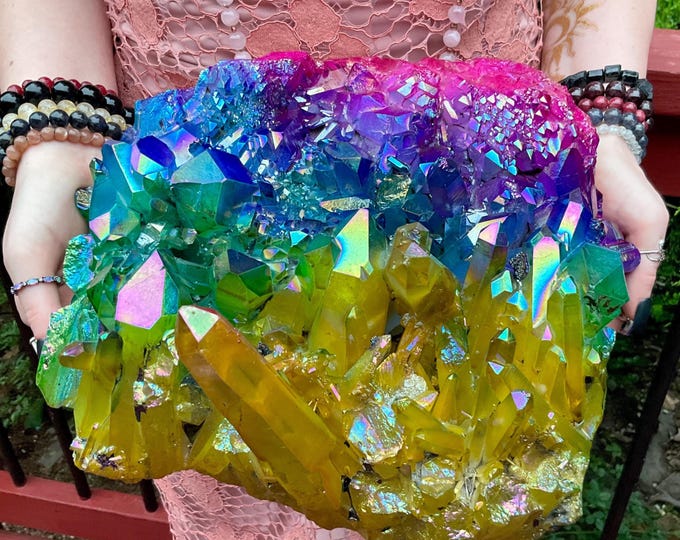 Huge Rainbow Aura Quartz Crystal Cluster ~ 26 Lb. 12 oz. ~ 10" Long ~ Magenta, Blue, Green, Yellow Colors ~ Chakra, Reiki, Altar Display ~