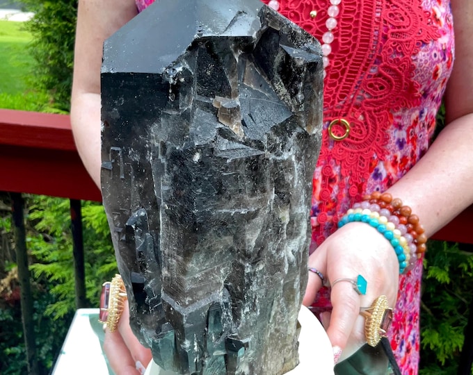 Black Morion Quartz Display Crystal 8 Lb. 13 oz.  Single-Terminated Point Cluster ~ 10" Tall ~Natural Black Color ~ Custom Hand Carved Stand