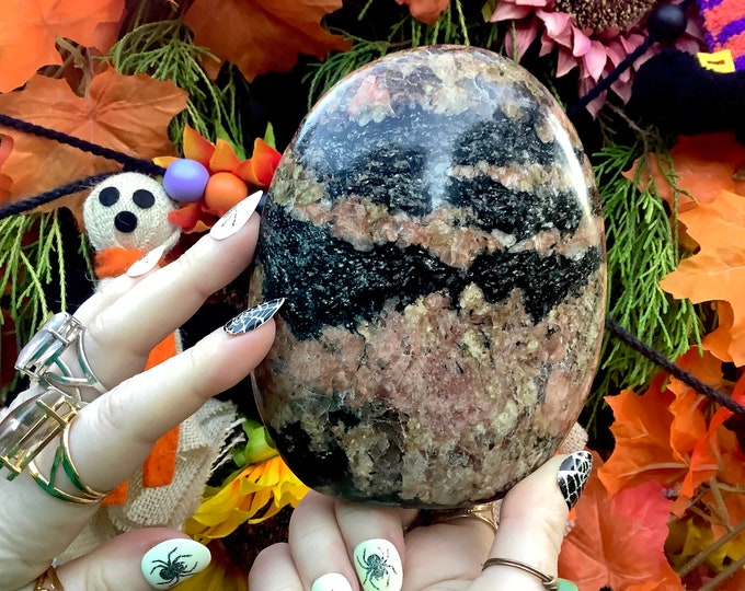 Rhodonite Free Form Crystal ~ Large 2 Lb. 2 oz.  ~ 5" Tall ~ Self Standing Pillar ~ Flashing Black, Whites and Pink Colors ~ Free Shipping