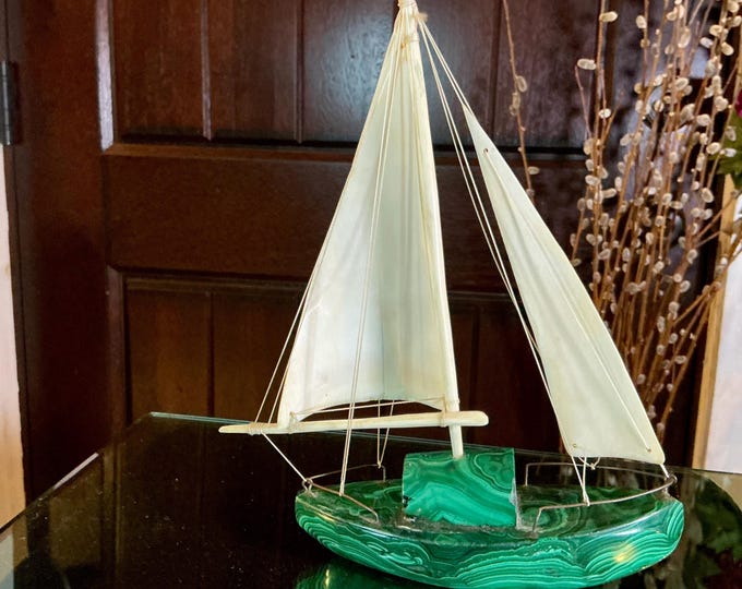 Malachite Sailboat Carving 1 Lb.3 oz. ~ Vintage Detailed Sail Rigging ~ 9" Tall ~ Hand Crafted from Congo ~ 6" Long ~ Museum Quality