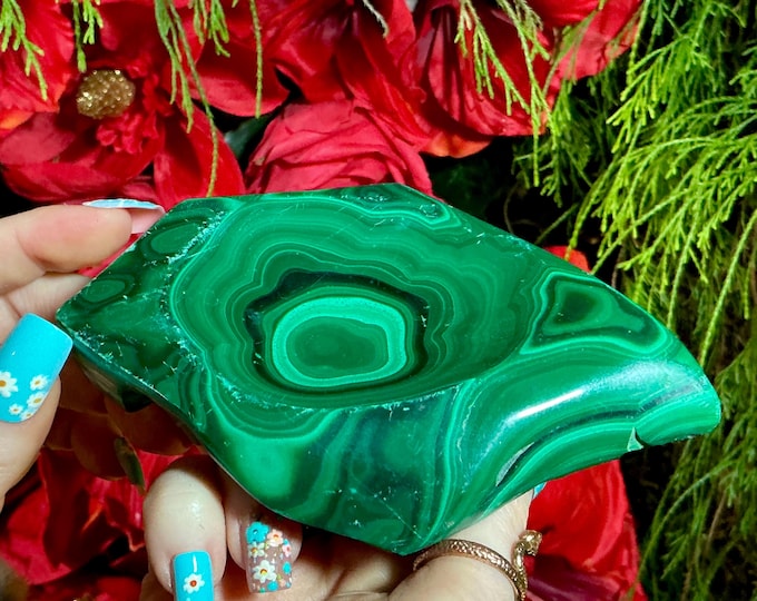 Malachite 5" Crystal Bowl ~ 1 Lb. 2 oz. ~ Vintage Mineral Specimen, Reiki Altar
