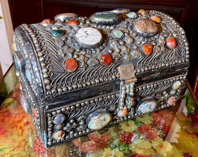 Vintage Agate Inlaid Moroccan Jewelry Box ~ Moorish Dome Top w/ Semi Precious Stones ~ 8" Long Handmade in Morocco