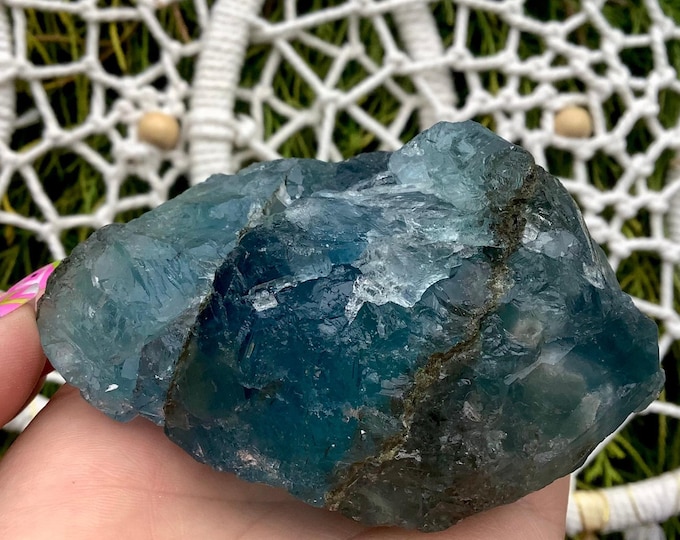 Blue Fluorite Crystal Cluster ~ 10 oz. ~ 3 1/2" Long ~ Deep Ocean Blue & Clear Color Translucent Crystals