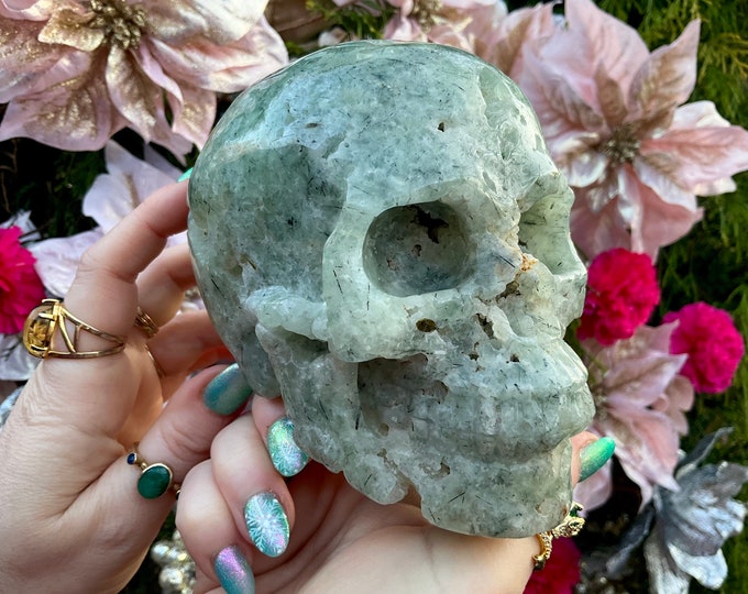 Prehnite Crystal Skull: 3 Lb, ~ 5" Green & Black Sculpture