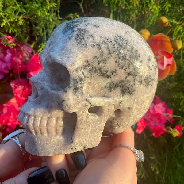 Lepidolite Crystal Skull Large 2 Lb. 15 oz. ~ Expertly Hand Carved ~ 5" Long ~ Purple White & Sparkling Silver Mica Gemstone ~ Free Standing