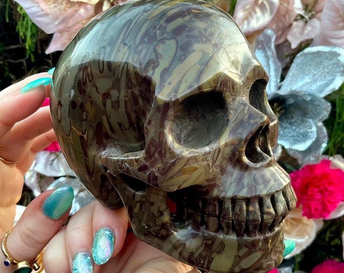 Fossilized Jasper Crystal Skull ~ Large 3 Lb ~ 5" Long ~ Hand Carved Sculpture~ Swirling Golden Red Brown & Black Colors ~ Free Shipping